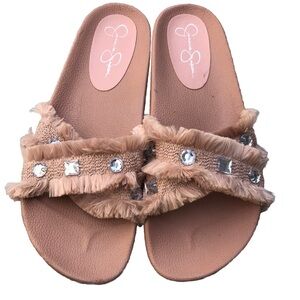 Jessica Simpson Pink Rhinestone Fringe Slide Sandals. Size 9.